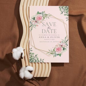Romantic Pink Floral Save the Date Template - Editable Wedding Invitation Canva Template - Printable Save the Date Card - Instant Download