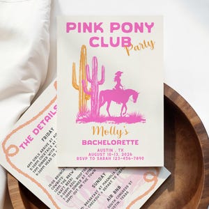 Invito per addio al nubilato al Pink Pony Club, itinerario modificabile per il weekend dell'addio al nubilato a Nashville, invito digitale per la festa di addio al nubilato ad Austin, invito Western stampabile