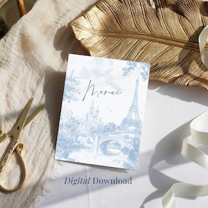 Carte de remerciement toile bleue en téléchargement numérique Fête à thème Paris Mariage Français Cartes de remerciements Papeterie imprimable bleu et blanc