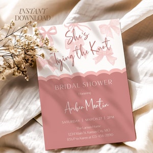 Editable Pink Bow Bridal Shower Invitation She&#39;s Tying the Knot Digital Download DIY Wedding Shower Template Minimalist Bow Invite Printable