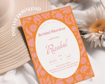 Pink Flower Invitation Bridal Shower Printable Summer Party Invite Boho Floral Invitation Digital Download Orange Spring Celebrations Invite