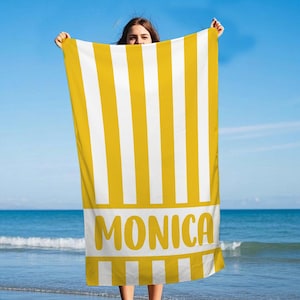 Groovy Striped Personalized Beach Towel, Custom Name Pool Towel for Kids, Bridesmaid Towel, Birthday Vacation Gift, Retro Bath Towel