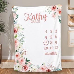 Personalised Baby Wild Flower Milestone Blanket,Custom Name Baby Month Blanket,Newborn Girl Age Blanket,Baby Shower Gift,Baby Keepsake Gift