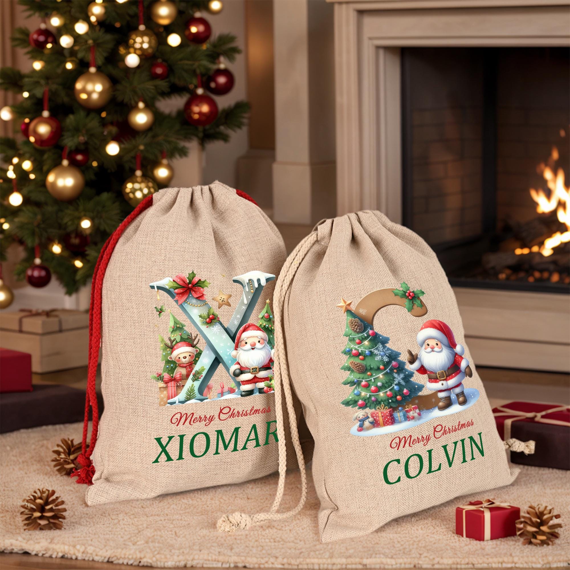 Personalized Christmas Santa Sack,Custom Initial and Name Christmas Sack,Christmas Eve Santa Bag for Kids,Xmas Stocking,Christmas Gift Bag