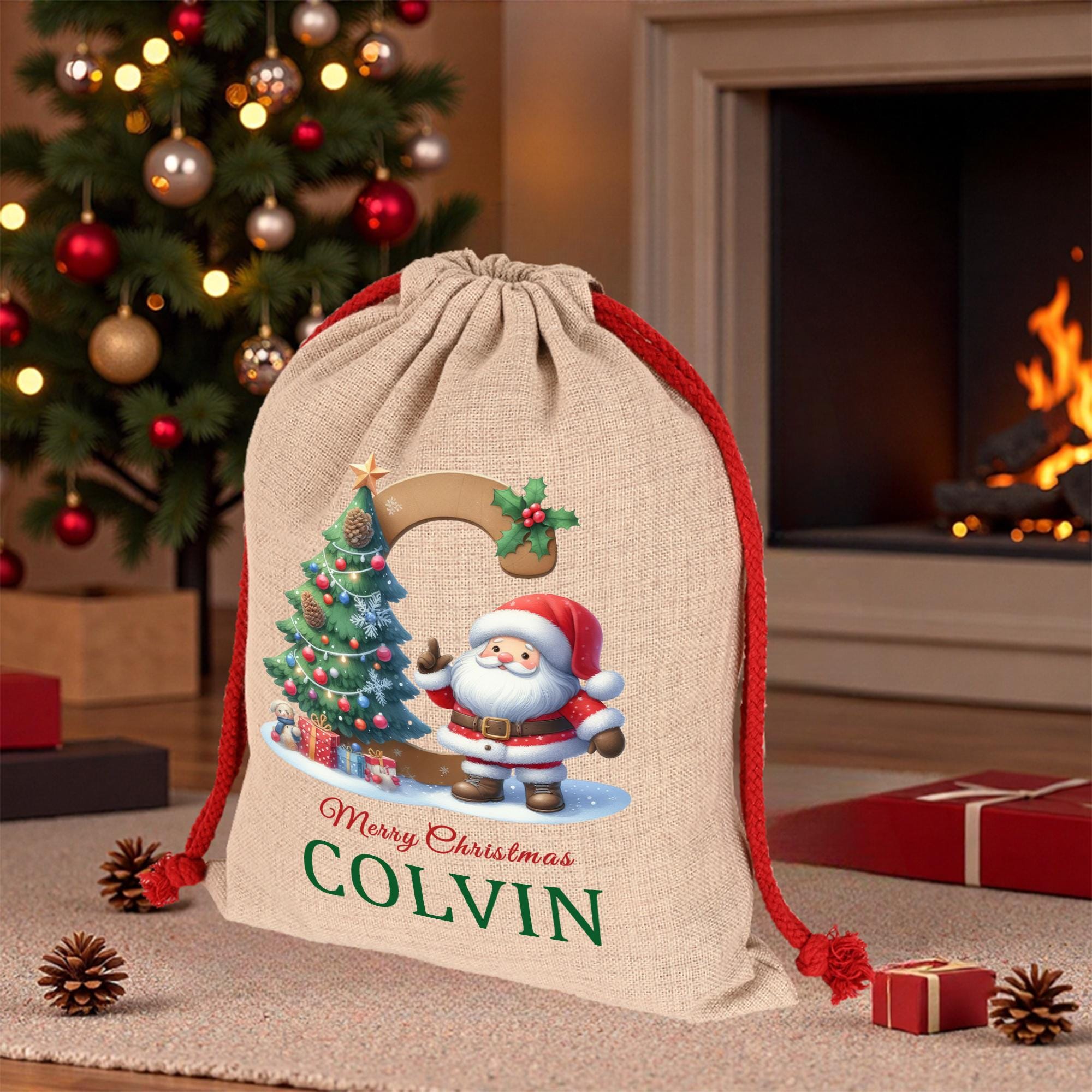 Personalized Christmas Santa Sack,Custom Initial and Name Christmas Sack,Christmas Eve Santa Bag for Kids,Xmas Stocking,Christmas Gift Bag