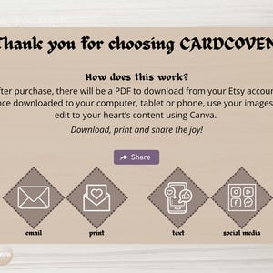 May include: A light brown graphic with the text "Thank you for choosing CARDCOVEN." Instructions are provided on how to download, edit, and share the product using Canva. Icons for email, print, text, and social media are included.