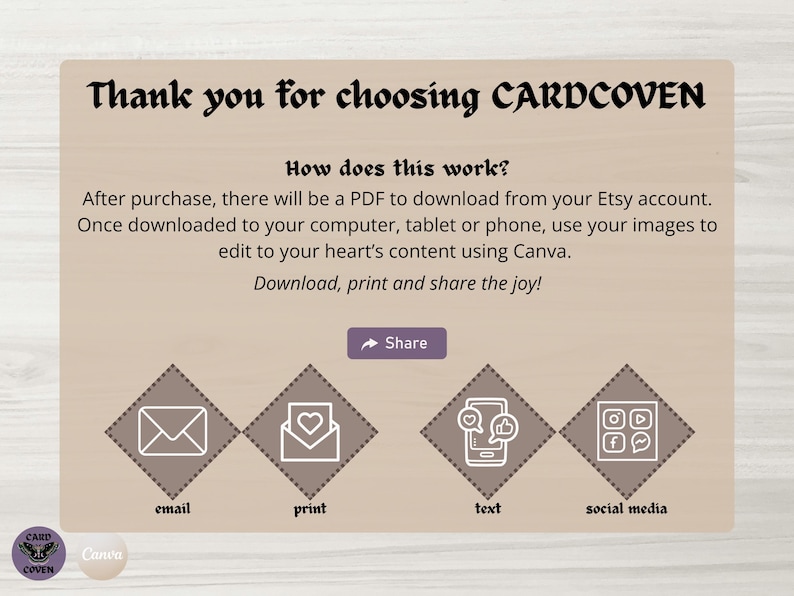 May include: A light brown graphic with the text "Thank you for choosing CARDCOVEN." Instructions are provided on how to download, edit, and share the product using Canva. Icons for email, print, text, and social media are included.