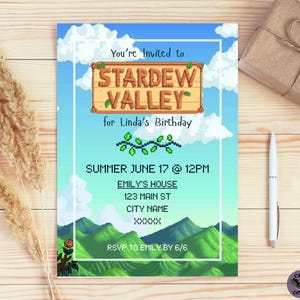 May include: A Stardew Valley-themed birthday invitation with a pixelated landscape design. The invitation includes the text "You're Invited to Stardew Valley for Linda's Birthday," along with event details. A wrapped gift and pen are also visible.