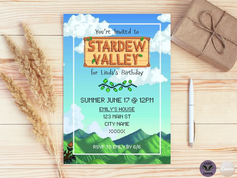 May include: A Stardew Valley-themed birthday invitation with a pixelated landscape design. The invitation includes the text "You're Invited to Stardew Valley for Linda's Birthday," along with event details. A wrapped gift and pen are also visible.