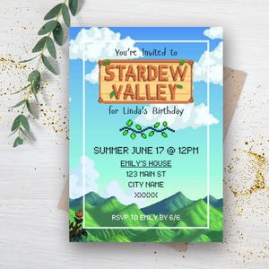 Stardew Valley Geburtstag einladen, Stardew Valley, Videospiel einladen, Geburtstag einladen, Fun-and-Spiele, grüner Wald, Blick auf die Berge, Retro voll