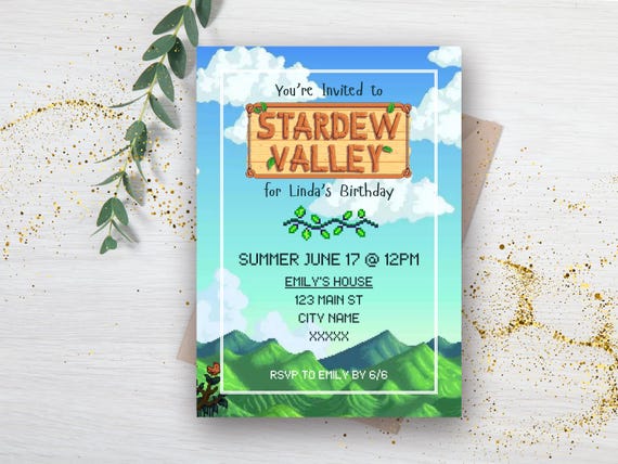 Stardew Valley Birthday Invite, Stardew Valley, Video Game Invite, Birthday Invite, Fun-and-games, Green Forest, Mountain View, Retro fully