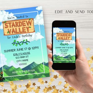 May include: An invitation for Linda's birthday, featuring the text "Stardew Valley" on a wooden sign, set against a blue sky with clouds and green hills. The invitation is also displayed on a smartphone.
