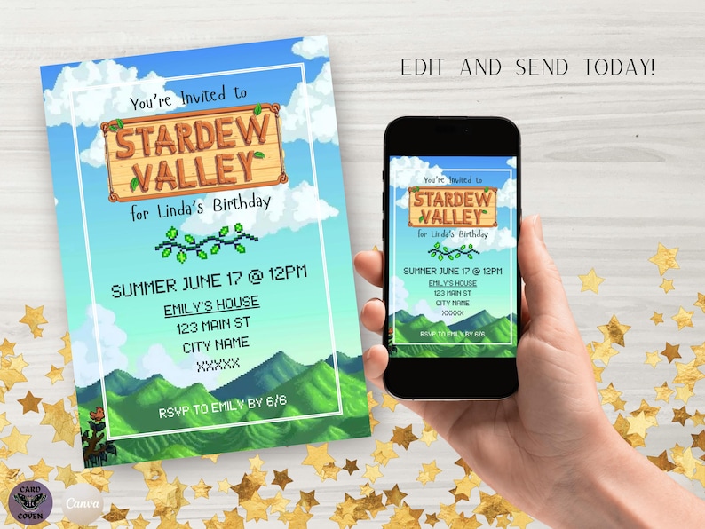 May include: An invitation for Linda's birthday, featuring the text "Stardew Valley" on a wooden sign, set against a blue sky with clouds and green hills. The invitation is also displayed on a smartphone.
