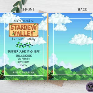 May include: A two-sided invitation card with a pixelated landscape design. The front features text that reads "You're Invited to Stardew Valley for Linda's Birthday" with event details. The back side has a similar landscape design with clouds and a blue sky.