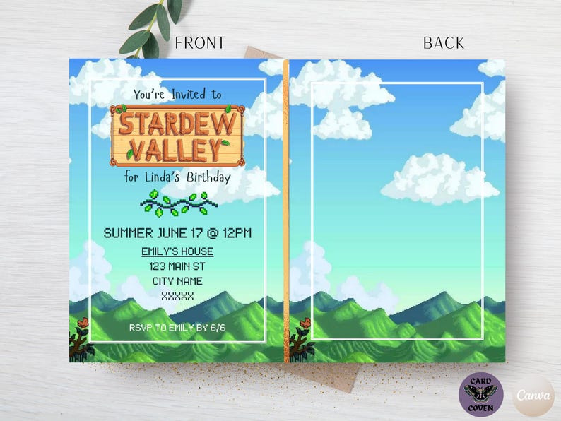 May include: A two-sided invitation card with a pixelated landscape design. The front features text that reads "You're Invited to Stardew Valley for Linda's Birthday" with event details. The back side has a similar landscape design with clouds and a blue sky.