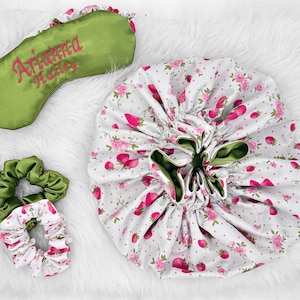 Satin Ruffle Double-Layer Shower Bonnet - Pink & Green Silk Breeze Satin Bonnet Ruffle Edge - Pink main image 4