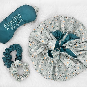 Adjustable Regular Size Personalized Textured Floral Hair Set | Double Layer | Satin Bonnet | Hair Satin Bonnet Gift for Women, Adult Bonnet