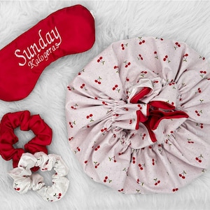 Adjustable Regular Size Personalized Cherry Hair Set | Double Layer | Satin Bonnet | Hair Satin Bonnet Gifts for Women, Adult Bonnet