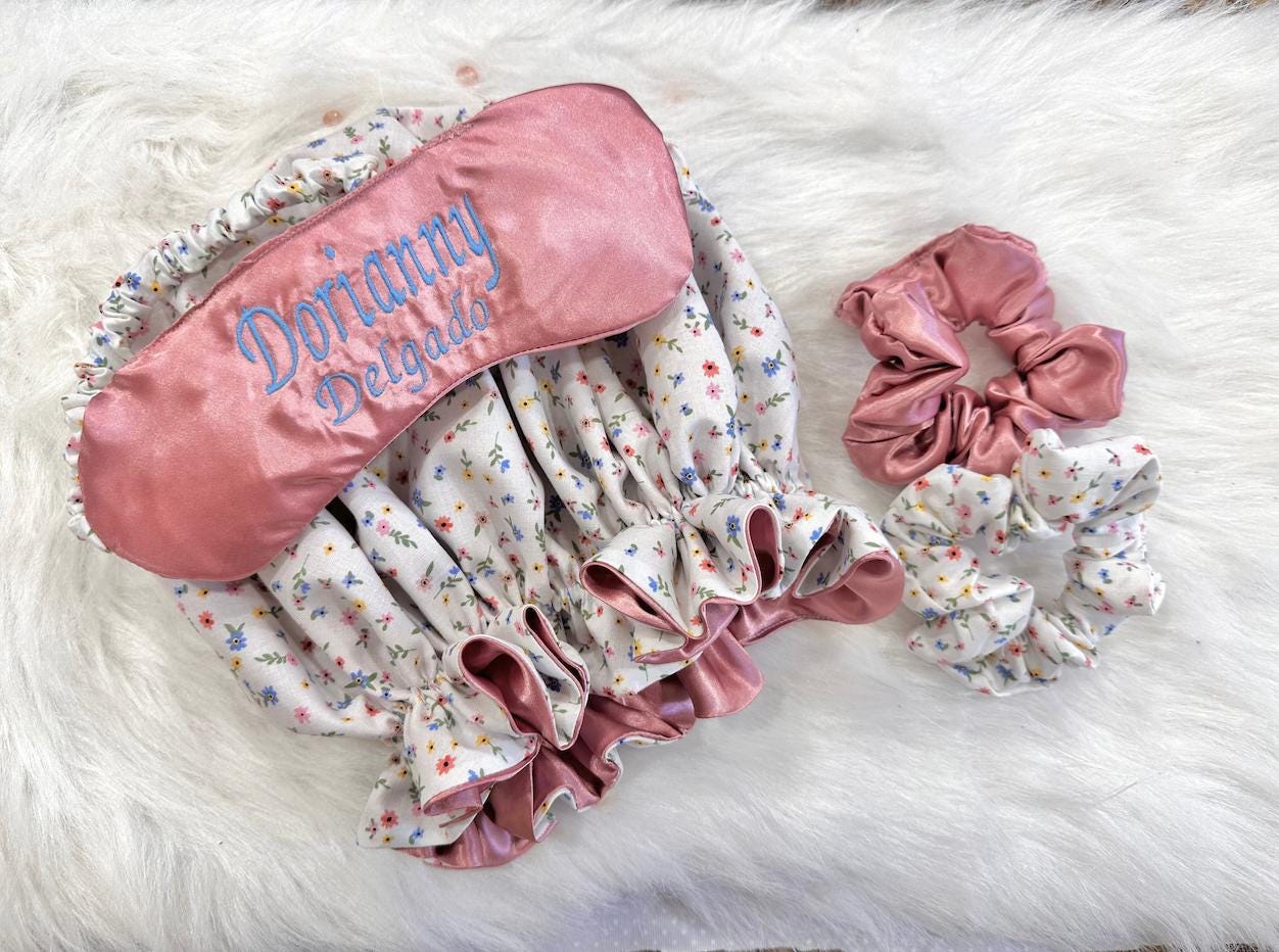 Adjustable Regular Size Personalized Tiny Flowers Hair Set | Double Layer | Satin Bonnet | Hair Satin Bonnet Gifts for Women, Adult Bonnet