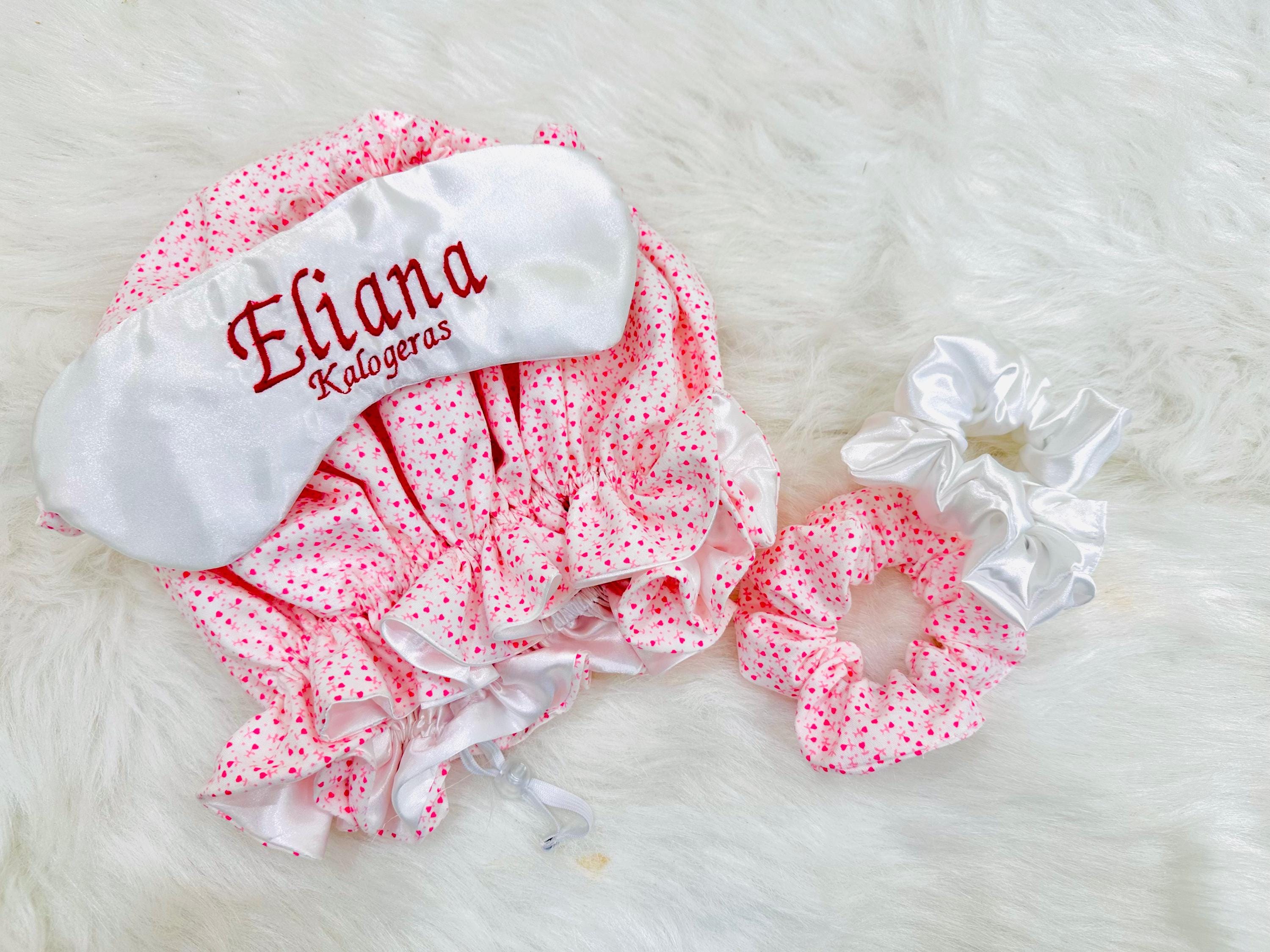 Adjustable Regular Size Personalized Tiny Hearts Handmade Satin bonnet on the inside. 2 Scrunchies and 1 Sleep Mask | Cute Bundle for Women