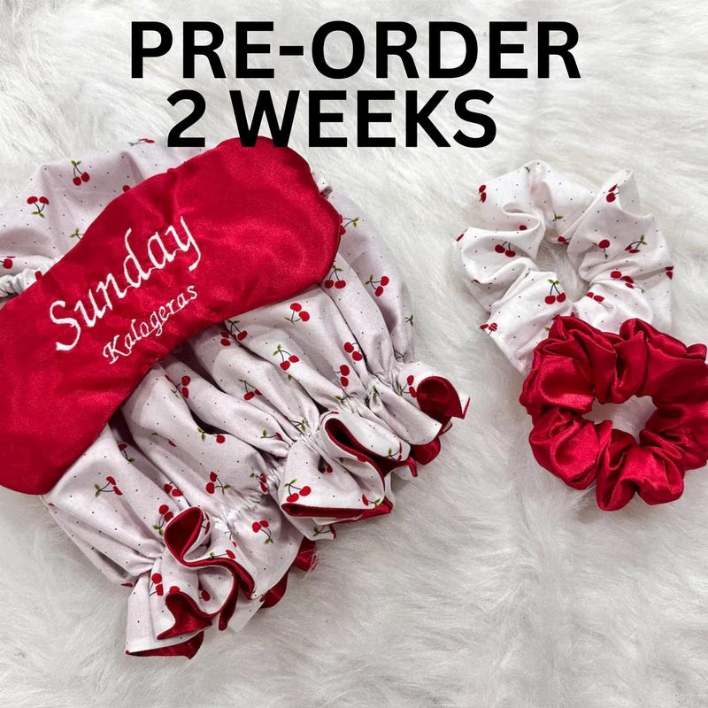 Adjustable Regular Size Personalized Cherry Hair Set, Double Layer, Satin Bonnet, Hair Satin Bonnet Gifts for Women, Adult Bonnet