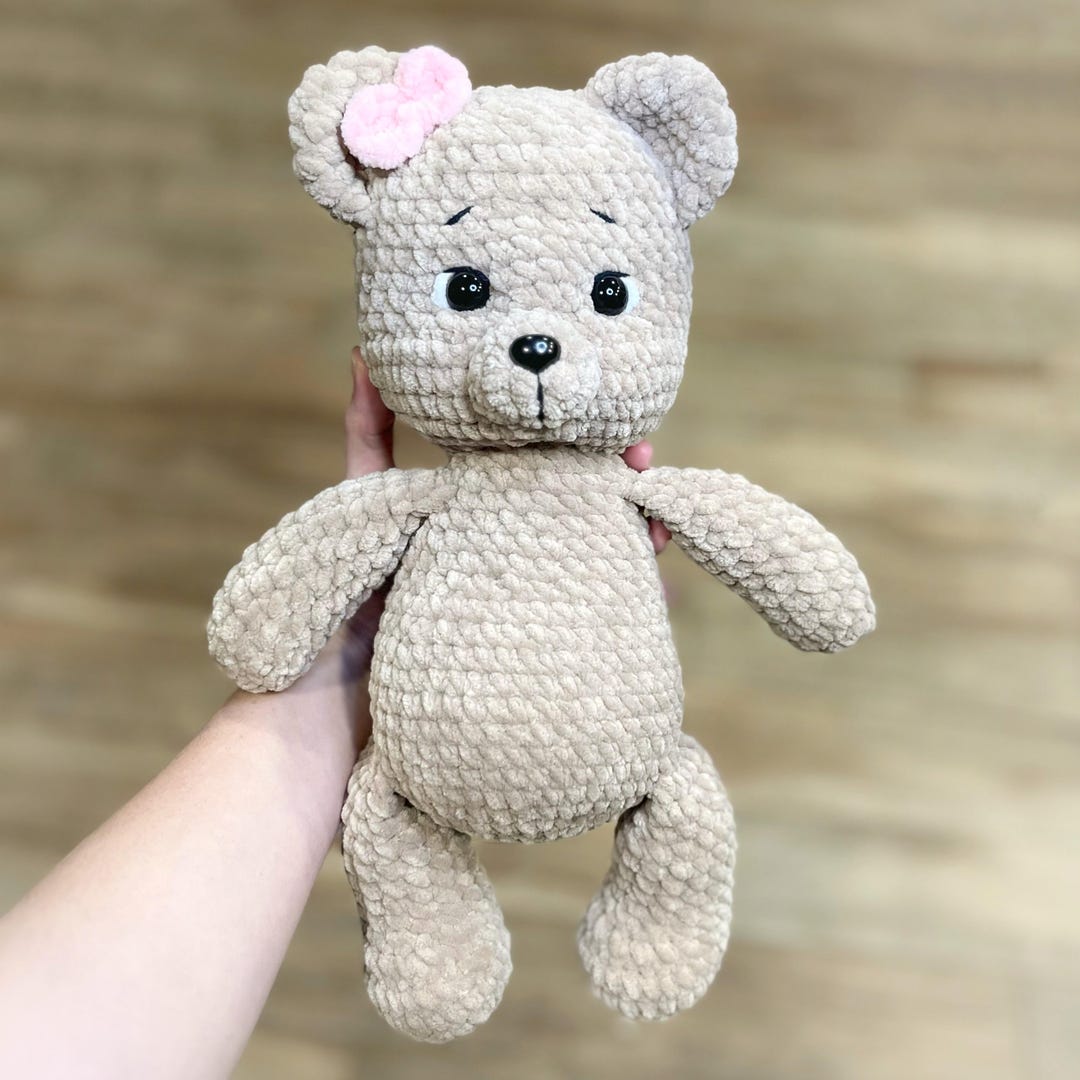 Handmade Plush Teddy Bear W/ Bow - Soft Crochet Stuffed Animal, Custom ...