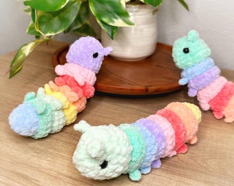 Rainbow Plush Fidget Caterpillar Toy - Crochet Mini Caterpillar, Sensory Plushie, Twist and Bend Stress Toy, Handmade Gift