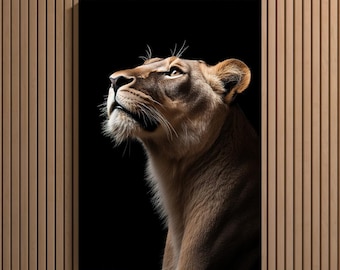 Impression d'art murale lionne de luxe | Téléchargement numérique | Art animalier imprimable | Décor animalier moderne sur fond noir