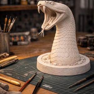 May include: A detailed, off-white sculpture of a snake's head with an open mouth, revealing fangs and a forked tongue. The sculpture sits on a round base, with visible scale details. The background includes art supplies and tools, suggesting a studio setting.