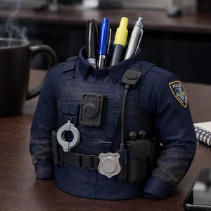 May include: A navy blue police officer uniform-shaped desk tidy. The organiser has a badge, a utility belt, and a body camera. Several pens are placed in the uniform's collar. The desk tidy is on a wooden desk.