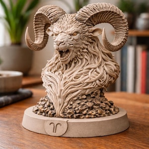 Könnte beinhalten: Beigefarbene Skulptur eines Widderkopfes mit großen, gebogenen Hörnern und offenem Maul. Die Skulptur steht auf einem kreisförmigen Sockel mit dem Sternzeichen Widder. Das Fell des Widders ist strukturiert.
