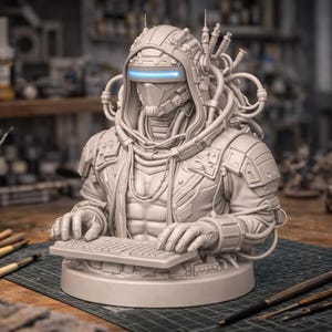 May include: A futuristic bust sculpture of a figure wearing a hooded helmet with a glowing blue visor and a keyboard. The figure has intricate details, including tubes and wires, and is seated on a round base. The sculpture is in a workshop setting.