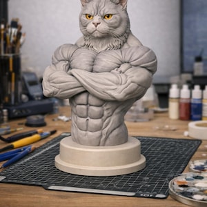 May include: A gray cat bust with a muscular human torso, arms crossed. The cat has yellow eyes and a serious expression. The sculpture is on a round base, set on a grid mat on a wooden table. The background includes art supplies.