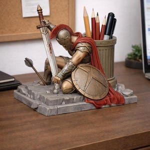 Puede incluir: Un organizador de escritorio detallado con una estatua de guerrero espartano arrodillado con una espada y un escudo. La estatua es en tonos bronce y oro, con una capa roja. Un portalápices con lápices y bolígrafos está detrás de la estatua.