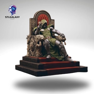 May include: A green and silver figurine of Doctor Doom sitting on a throne with a red cushion. The throne is decorated with gold accents and two lion statues. The figurine is on a three-step platform.