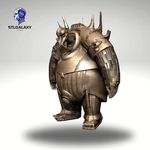 Puede incluir: Una figura estilizada de color bronce de un robot o alienígena con un diseño voluminoso y blindado. La figura tiene múltiples púas, una cara detallada y un cuerpo redondeado. El logotipo "STLGALAXY ZONE" está en la esquina superior izquierda.