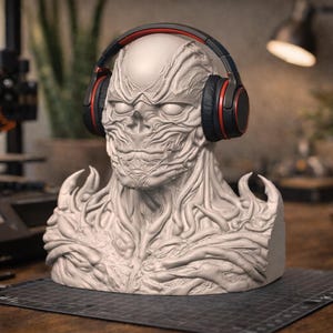 Può includere: Un busto dettagliato e di colore chiaro con un design strutturato e organico, con cuffie nere e rosse. Il busto ha un aspetto unico, quasi scheletrico. Le cuffie sono nere con dettagli rossi. Il busto è su una superficie di legno.