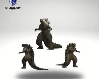 May include: Three Godzilla figures in different poses, all facing forward. The figures are green and grey with textured skin and sharp teeth. The figures are standing on a white background.