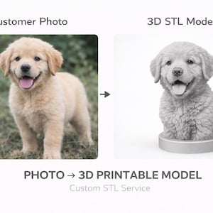 Könnte beinhalten: Das Bild zeigt einen Vergleich zwischen einem Kundenfoto eines Golden Retriever-Welpen und einem 3D-STL-Modell desselben Welpen. Der Text lautet "PHOTO -> 3D PRINTABLE MODEL" und "Custom STL Service". Der Welpe ist hellbraun mit rosa Zunge.