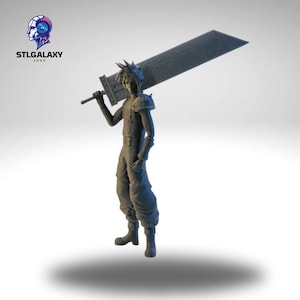 May include: A gray 3D printed figurine of a character holding a large sword. The character is wearing a black outfit and has spiky blond hair.