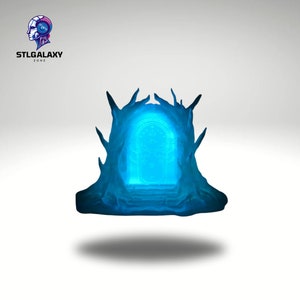 May include: A blue glowing portal framed by a dark, tree-like structure. The portal is surrounded by a dark, textured base.