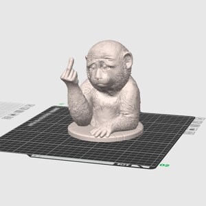 May include: A light-colored sculpture of a monkey with a sad expression, giving the middle finger. The monkey is seated on a round base, with its arms resting on the base. The background is a light gray color.