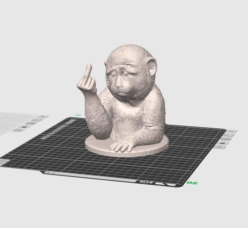 May include: A light-colored sculpture of a monkey with a sad expression, giving the middle finger. The monkey is seated on a round base, with its arms resting on the base. The background is a light gray color.