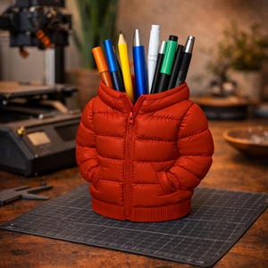 May include: A red puffer jacket-shaped desk organizer filled with pens and pencils. The organizer has a full zipper and two pockets. The pens and pencils are various colors, including orange, blue, yellow, and green. The organizer sits on a black cutting mat.