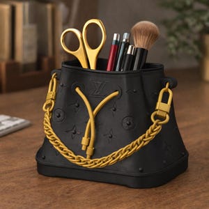 May include: Black bucket-shaped desk organizer with gold accents. The organizer features a gold chain strap and a drawstring closure. Inside are gold scissors, makeup brushes, and pens. The organizer sits on a wooden desk.