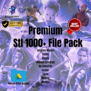 May include: A digital download of over 1000 STL files for 3D printing. The files include cosplay masks, busts, figures, Marvel and DC Universe characters, armor, tools, movies, and comics. The image features a collage of various Marvel characters, including Iron Man, Captain America, Black Panther, and Deadpool. The text "Premium Stl 1000+ File Pack" is displayed in large, bold letters. The text "Google Drive Access" is displayed below a Google Drive folder icon.