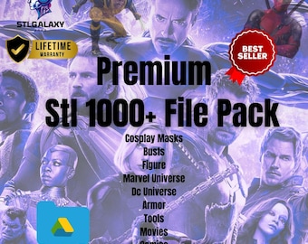 May include: A digital download of over 1000 STL files for 3D printing. The files include cosplay masks, busts, figures, Marvel and DC Universe characters, armor, tools, movies, and comics. The image features a collage of various Marvel characters, including Iron Man, Captain America, Black Panther, and Deadpool. The text "Premium Stl 1000+ File Pack" is displayed in large, bold letters. The text "Google Drive Access" is displayed below a Google Drive folder icon.