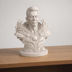 May include: A light-colored bust sculpture of a man with a stylized hairstyle and ornate shoulder detailing. The sculpture features a round base and a detailed, textured design, with a central orb on the chest.