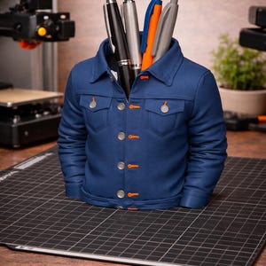 May include: A blue jacket-shaped pen holder with orange accents and silver buttons. The pen holder is filled with pens of various colors. The pen holder is sitting on a black grid surface.