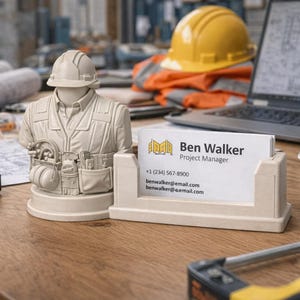 以下が含まれることがあります： 建設をテーマにしたデスクセットアップ。建設作業員の胸像、名刺入れ、名刺、青写真、ラップトップ、コーヒーカップが写っています。名刺には「Ben Walker, Project Manager」と書かれています。